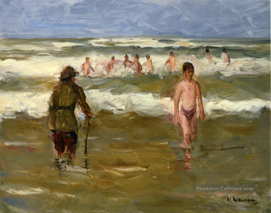 garçons baignade avec gardien de plage 1907 Max Liebermann impressionnisme allemand Peintures à l'huile